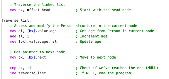 Linked list traversal code