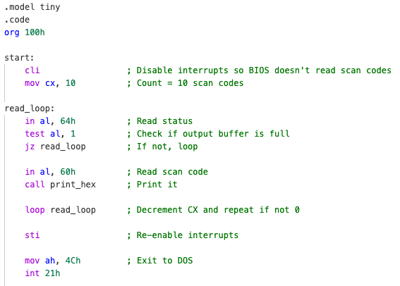 TASM code reading keyboard scan codes