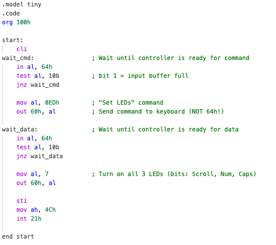 TASM code setting keyboard LEDs